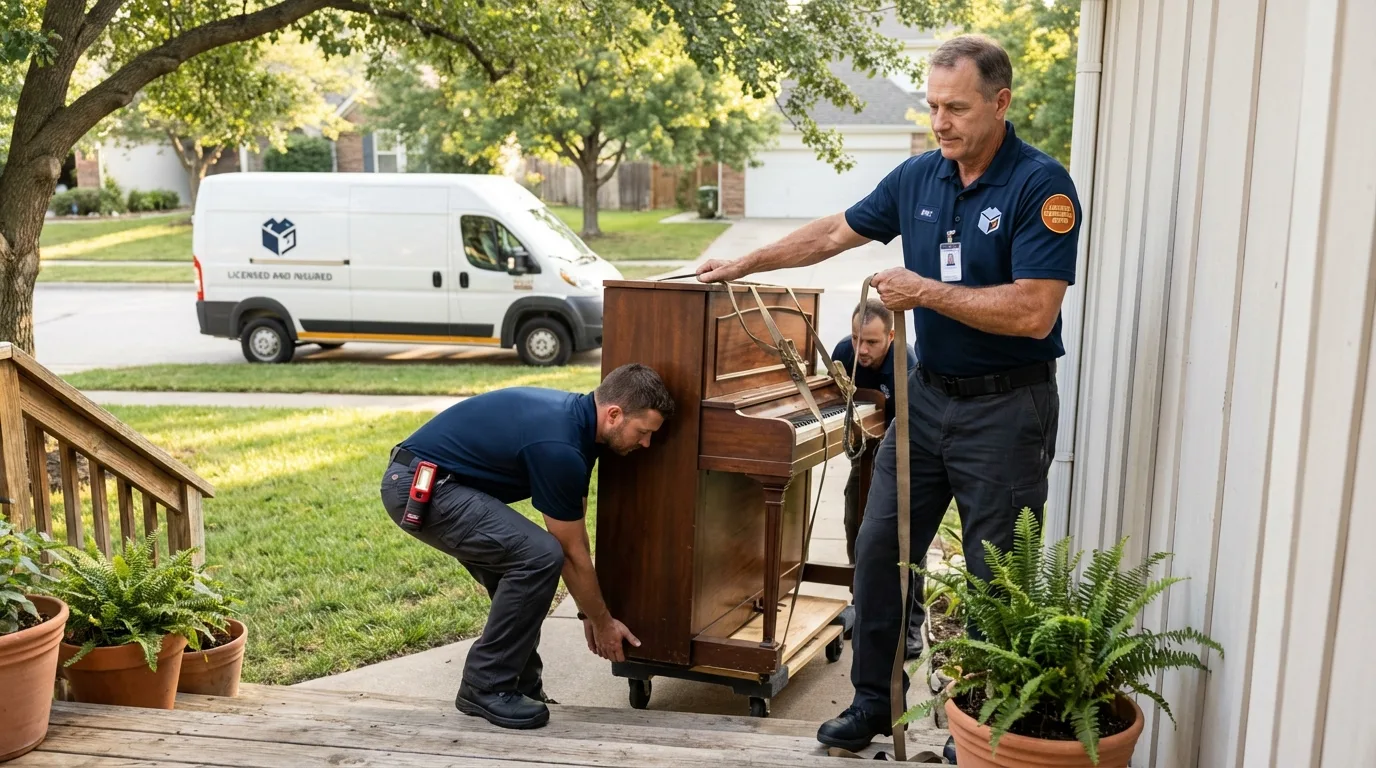Licensed piano movers securing grand piano in Lancaster, CA