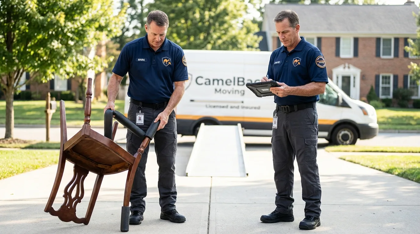 Movers inspecting furniture for damage prevention before loading in Lancaster, CA